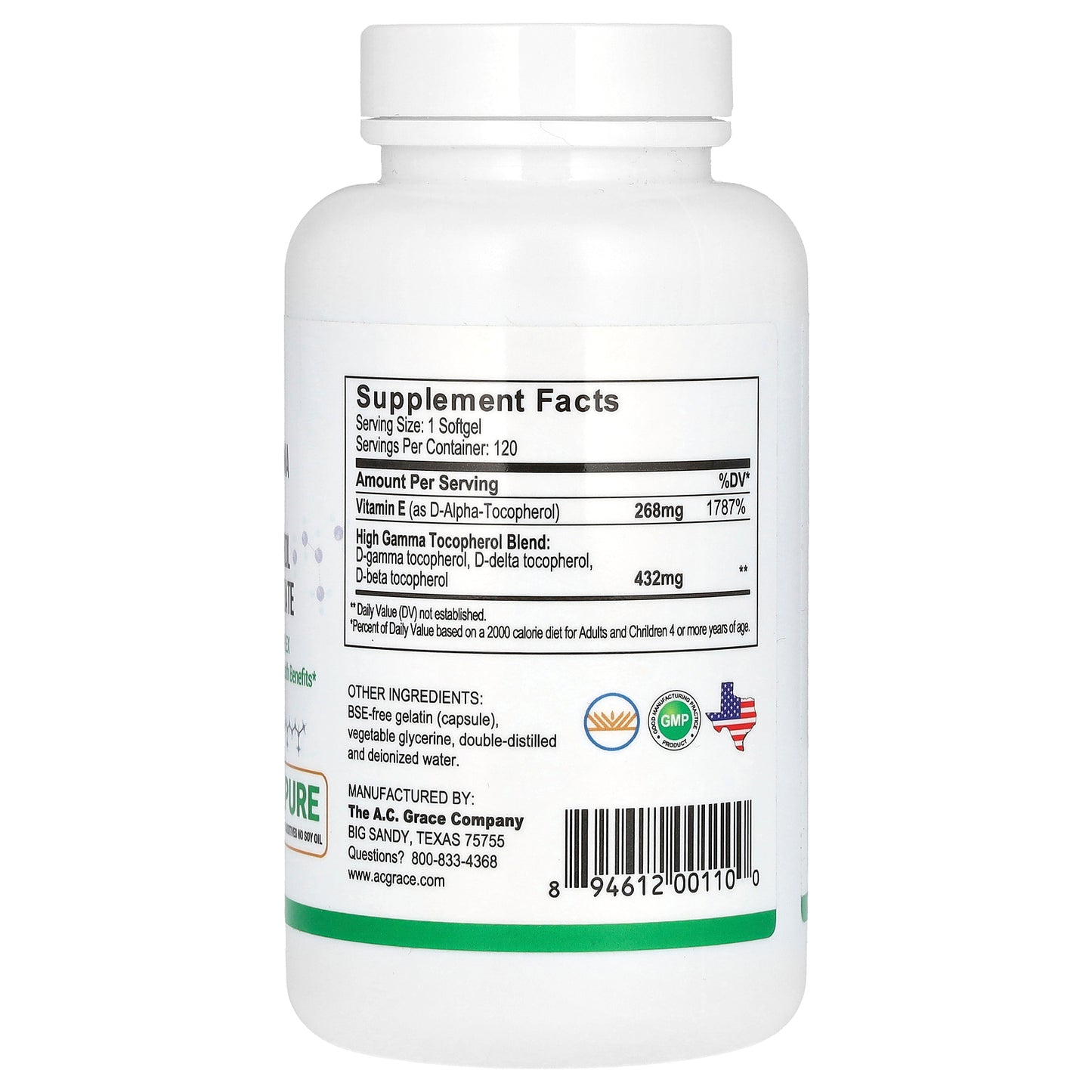 A.C. Grace Company, Unique E, High Gamma, Mixed Tocopherol Concentrate, 120 Softgels