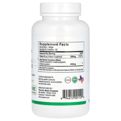 A.C. Grace Company, Unique E, High Gamma, Mixed Tocopherol Concentrate, 120 Softgels