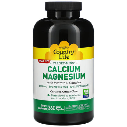 Country Life, Target-Mins, Calcium Magnesium with Vitamin D Complex, 360 Vegan Capsules