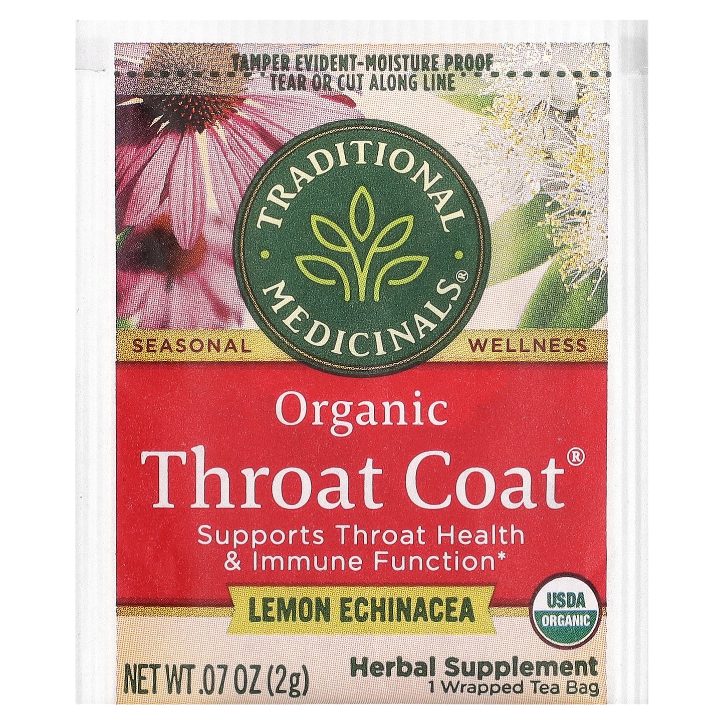 Traditional Medicinals, Organic Throat Coat®, Lemon Echinacea, Caffeine Free, 16 Wrapped Tea Bags, 1.13 oz (32 g)