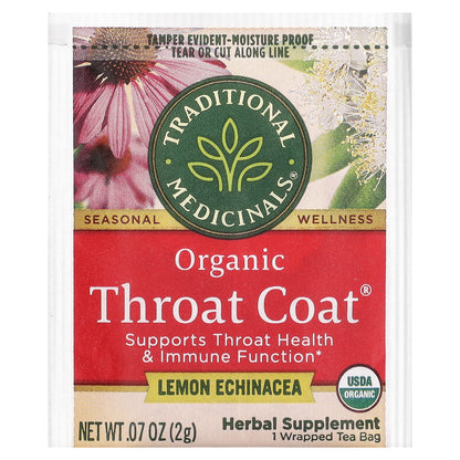 Traditional Medicinals, Organic Throat Coat®, Lemon Echinacea, Caffeine Free, 16 Wrapped Tea Bags, 1.13 oz (32 g)