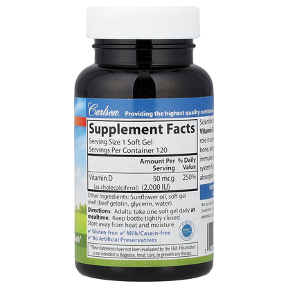 Carlson, Vitamin D3, 50 mcg (2,000 IU), 120 Soft Gels