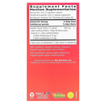 Bio Nutrition, Swedish Flower Pollen Extract, 500 mg , 60 Vegetarian Capsules