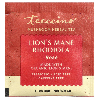 Teeccino, Mushroom Herbal Tea, Lion's Mane Rhodiola, Rose, Caffeine Free, 10 Tea Bags, 2.12 oz (60 g)