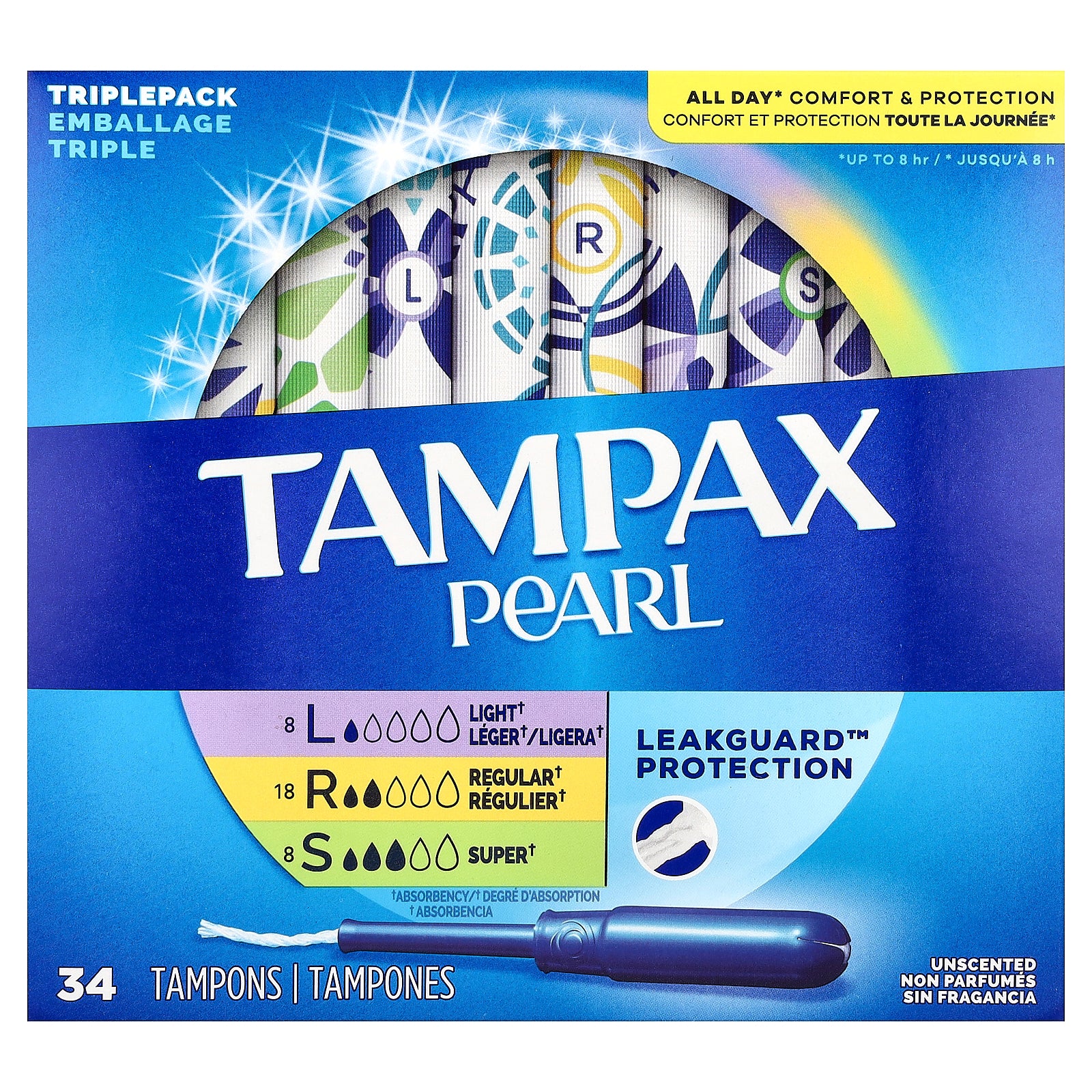 Tampax, Pearl Tampons, Triple Pack, Light/Regular/Super, Unscented, 34 Tampons