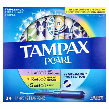 Tampax, Pearl Tampons, Triple Pack, Light/Regular/Super, Unscented, 34 Tampons
