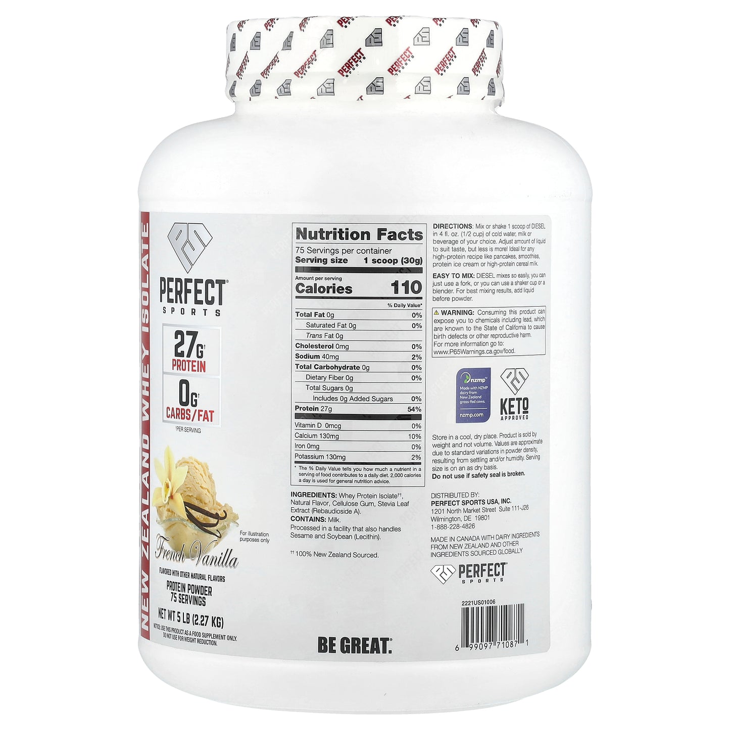 PERFECT Sports, Diesel®, New Zealand Whey Isolate, French Vanilla, 5 lb (2.27 kg)