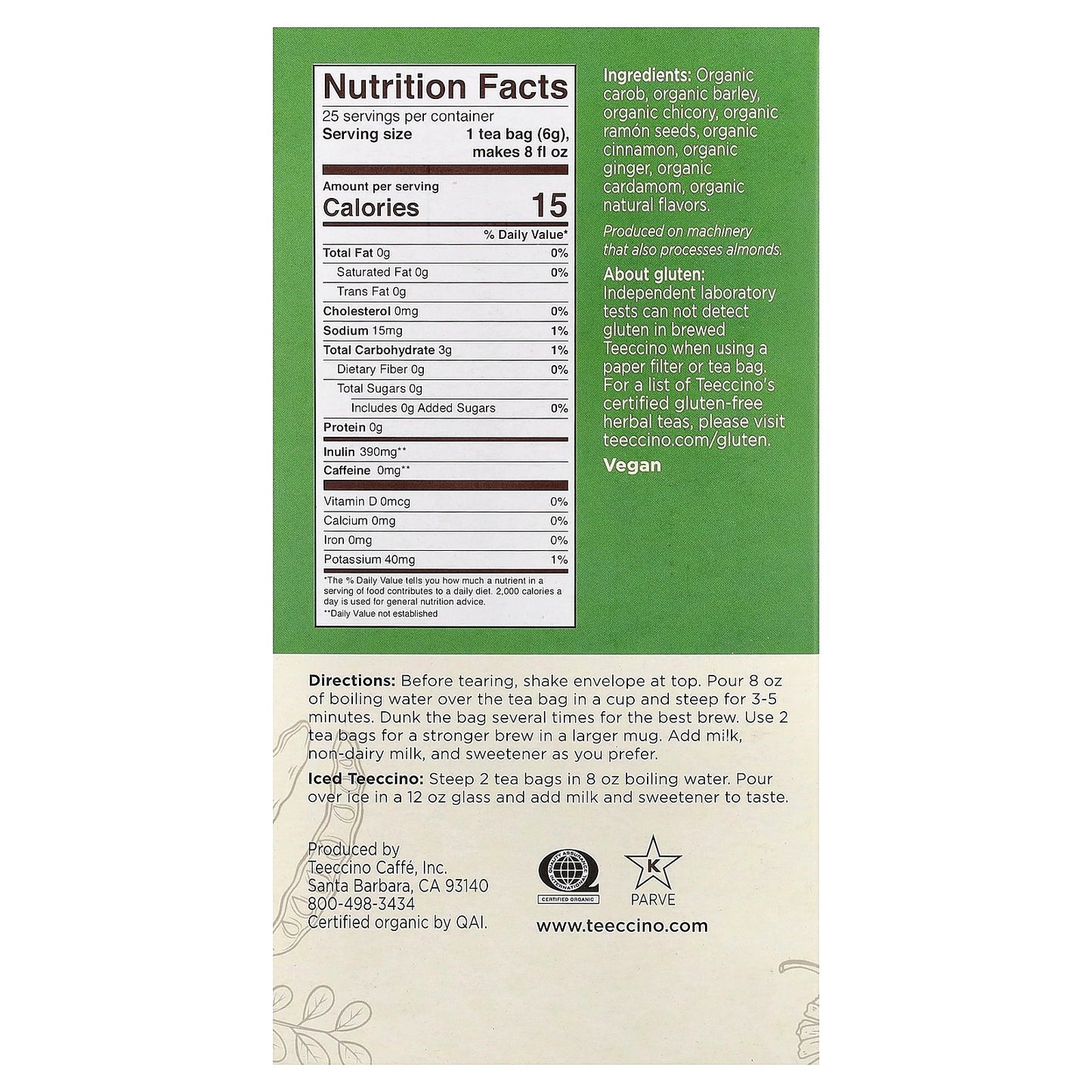 Teeccino, Organic Roasted Herbal Tea, Maya Chai, Caffeine Free, 25 Tea Bags, 5.3 oz (150 g)