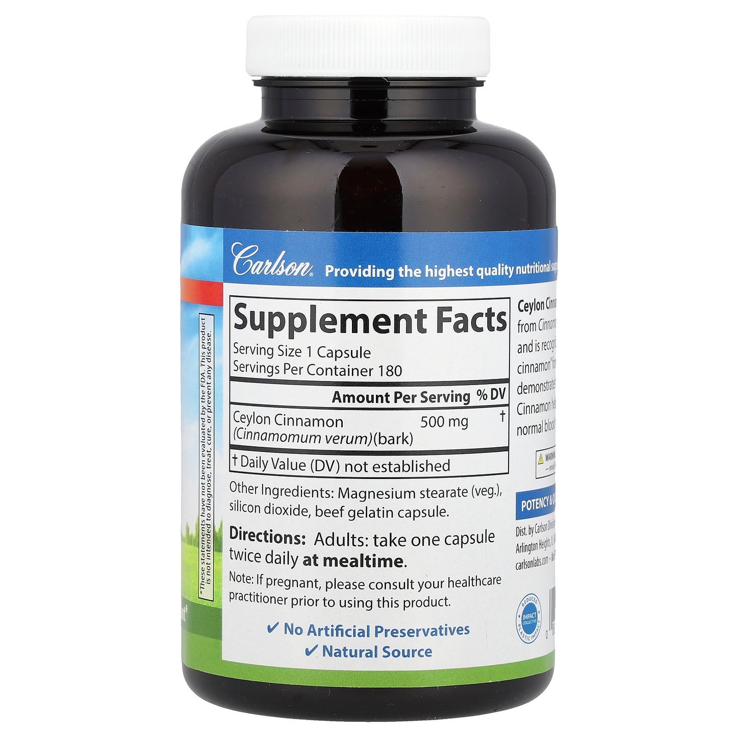 Carlson, Ceylon Cinnamon, 180 Capsules (500 mg per Capsule)