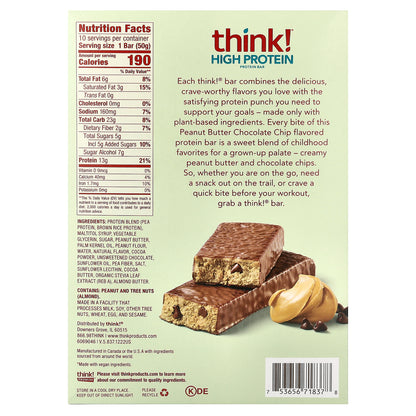 Think !, Plant Based High Protein Bars, Peanut Butter Chocolate Chip, 10 Bars, 1.76 oz (50 g) Each