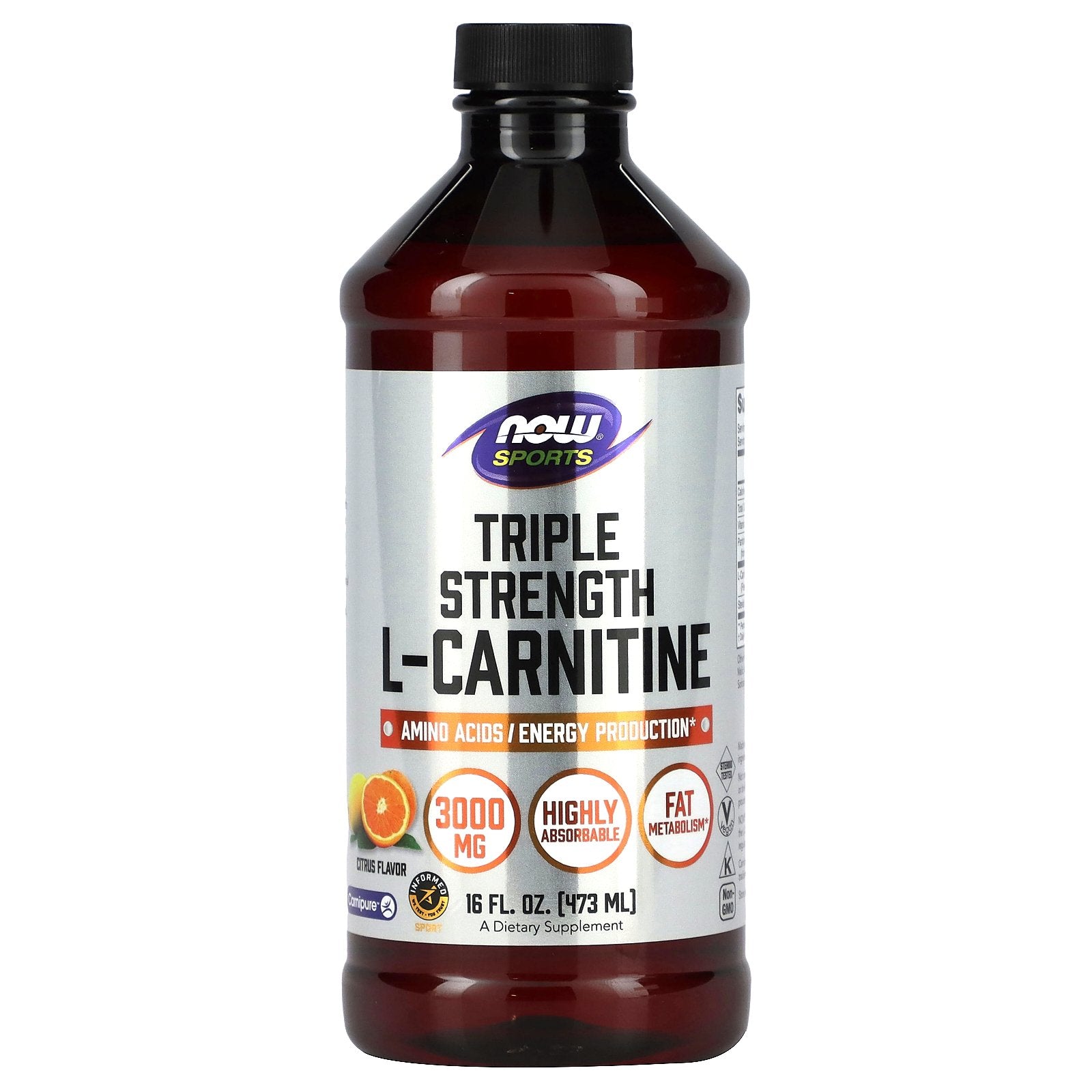 NOW Foods, Sports, Triple Strength L-Carnitine Liquid, Citrus, 3,000 mg, 16 fl oz (473 ml)