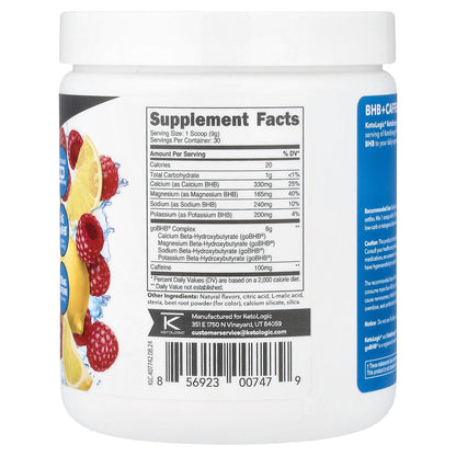 KetoLogic, Keto Energy, BHB + Caffeine, Raspberry Lemonade, 9.6 oz (270 g)