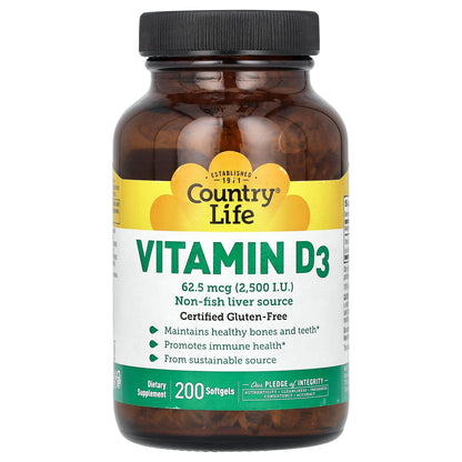 Country Life, Vitamin D3, 62.5 mcg (2,500 I.U.), 200 Softgels