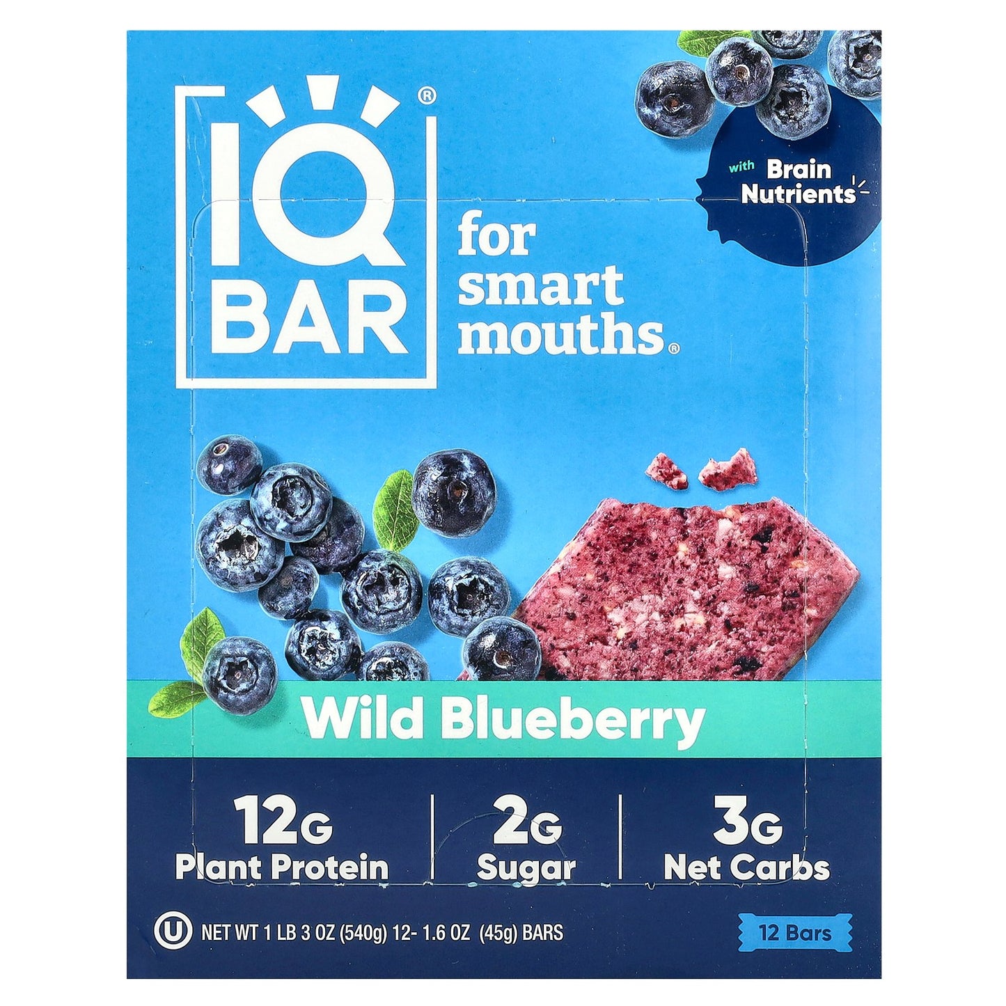 IQBAR, Plant Protein Bars, Wild Blueberry, 12 Bars, 1.6 oz (45 g) each