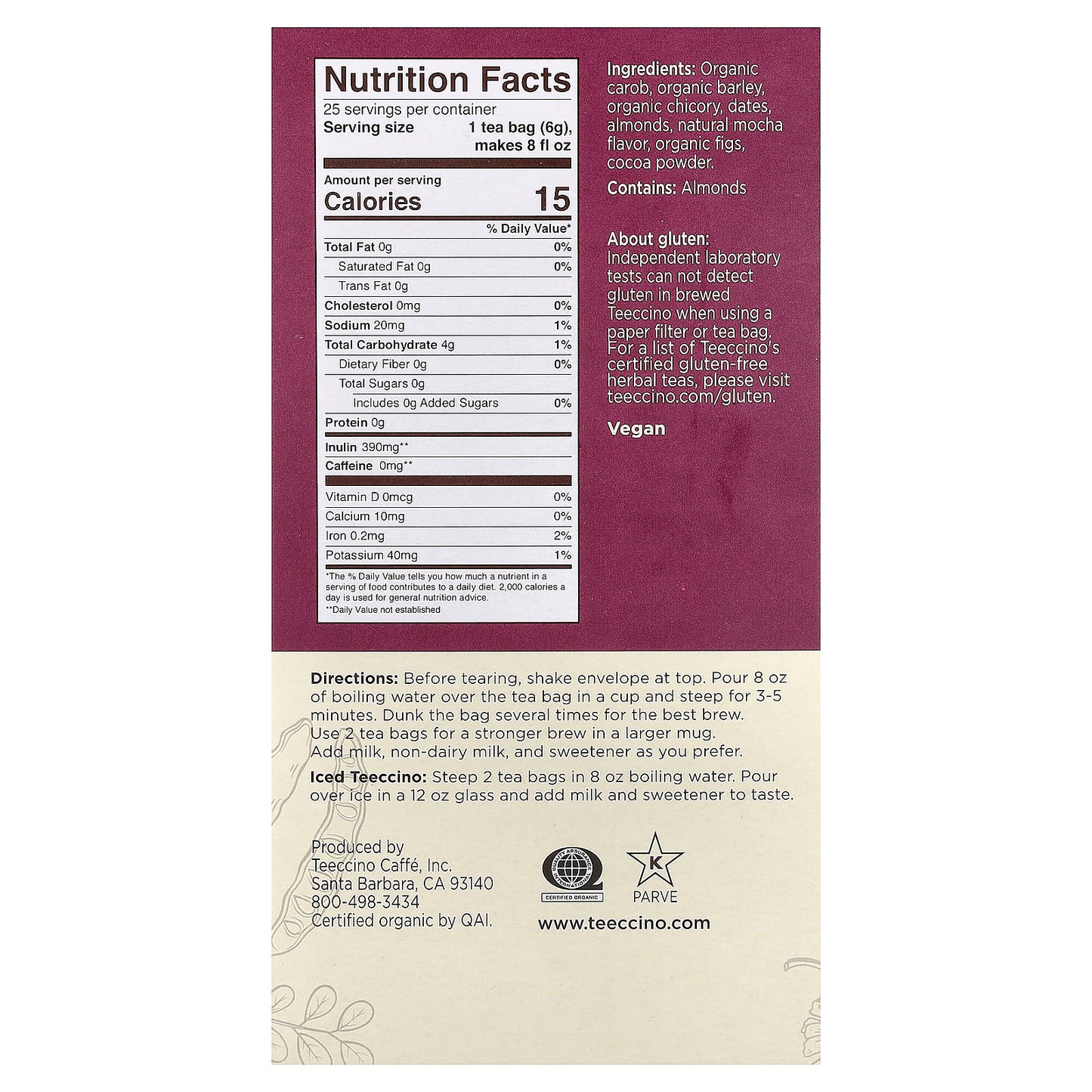 Teeccino, Roasted Herbal Tea, Mocha, Caffeine Free, 25 Tea Bags, 5.3 oz (150 g)