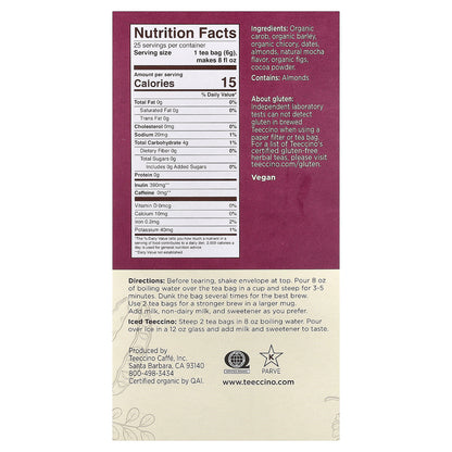 Teeccino, Roasted Herbal Tea, Mocha, Caffeine Free, 25 Tea Bags, 5.3 oz (150 g)