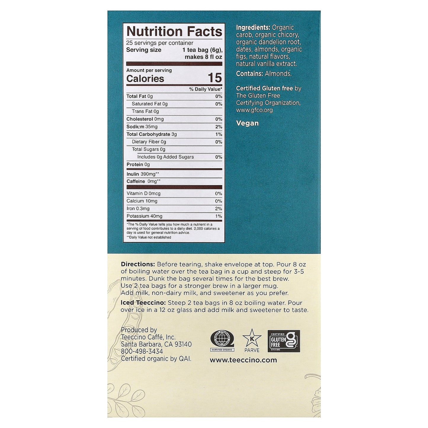 Teeccino, Roasted Herbal Tea, Dandelion Vanilla Nut, Caffeine Free, 25 Tea Bags, 5.3 oz (150 g)