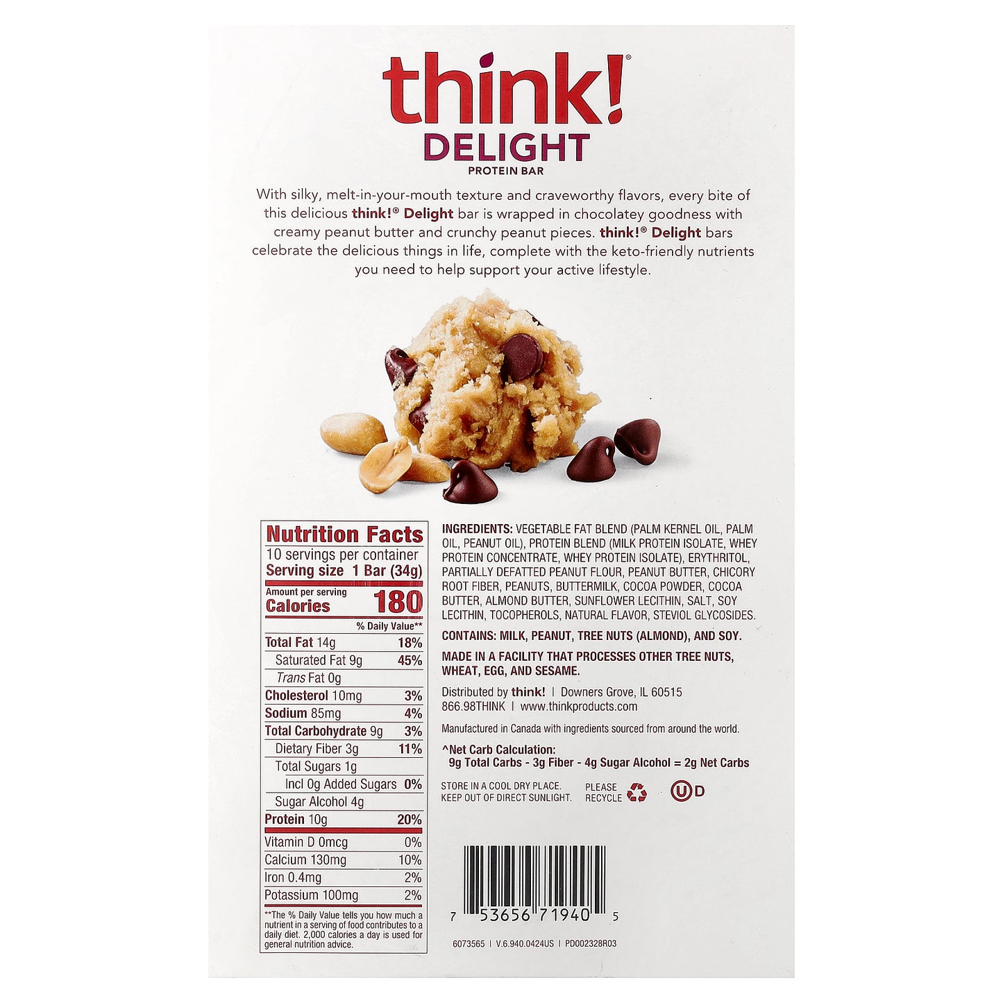 Think !, Delight Protein Bars, Chocolate Peanut Butter Cookie Dough, 10 Bars, 1.2 oz (34 g) Each