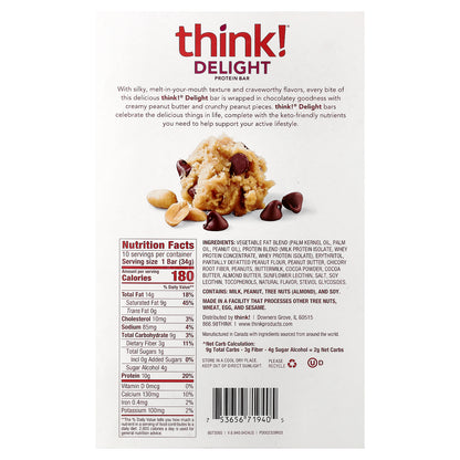 Think !, Delight Protein Bars, Chocolate Peanut Butter Cookie Dough, 10 Bars, 1.2 oz (34 g) Each