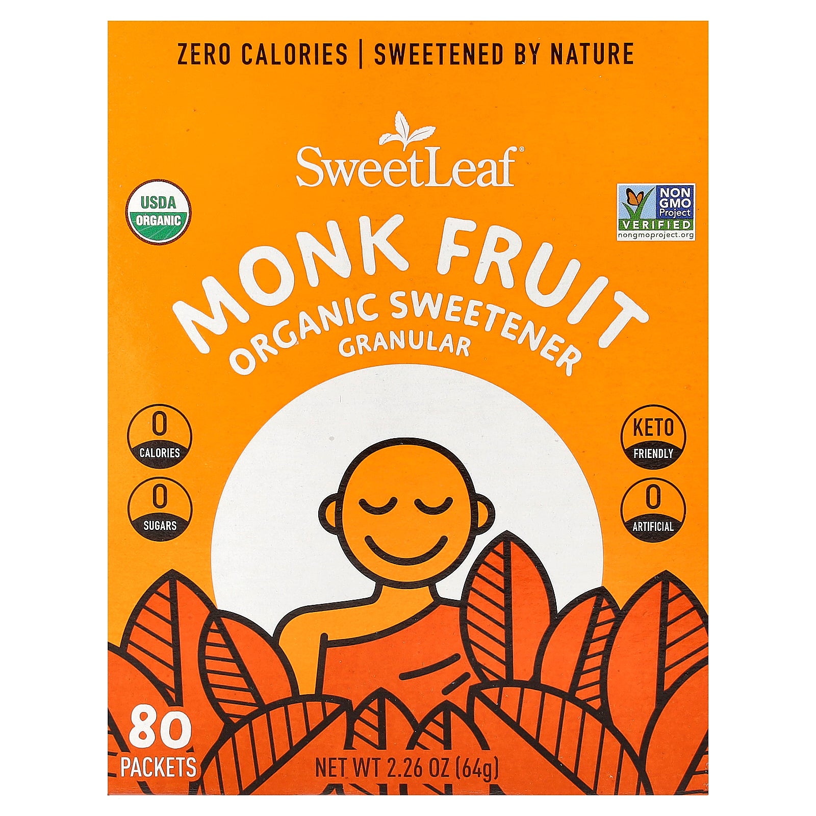 SweetLeaf Stevia, Monk Fruit Organic Sweetener, Granular, 80 Packets, 2.26 oz (64 g)