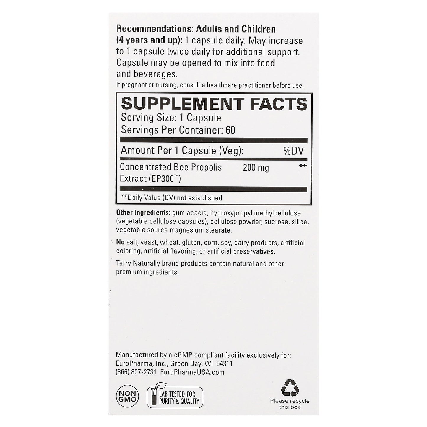 Terry Naturally, Propolis Extract EP300, 60 Capsules (200 mg per Capsule)