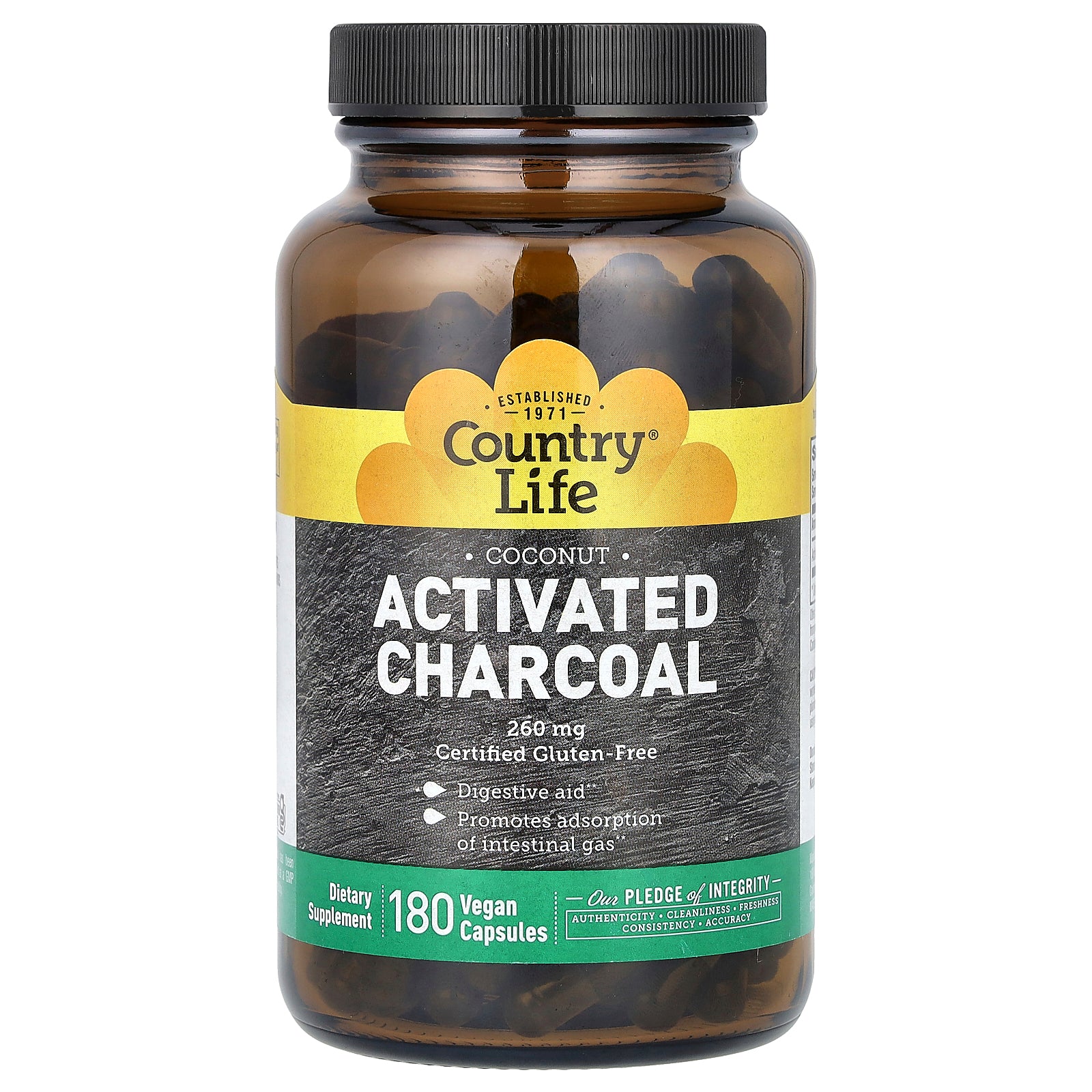 Country Life, Activated Charcoal, Coconut, 180 Vegan Capsules (260 mg per Capsule)