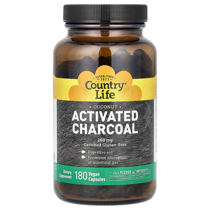 Country Life, Activated Charcoal, Coconut, 180 Vegan Capsules (260 mg per Capsule)