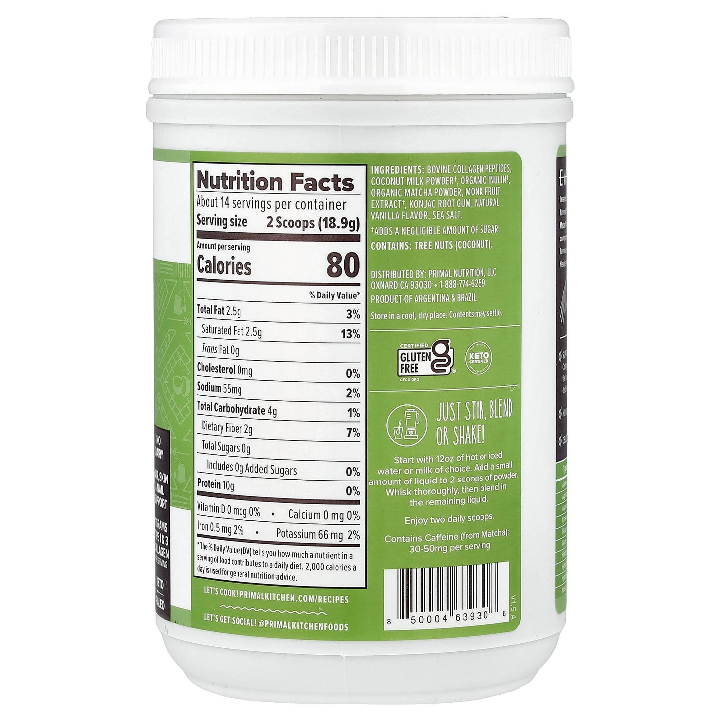 Primal Kitchen, Collagen Keto Latte, Matcha, 9.33 oz (264.6 g)