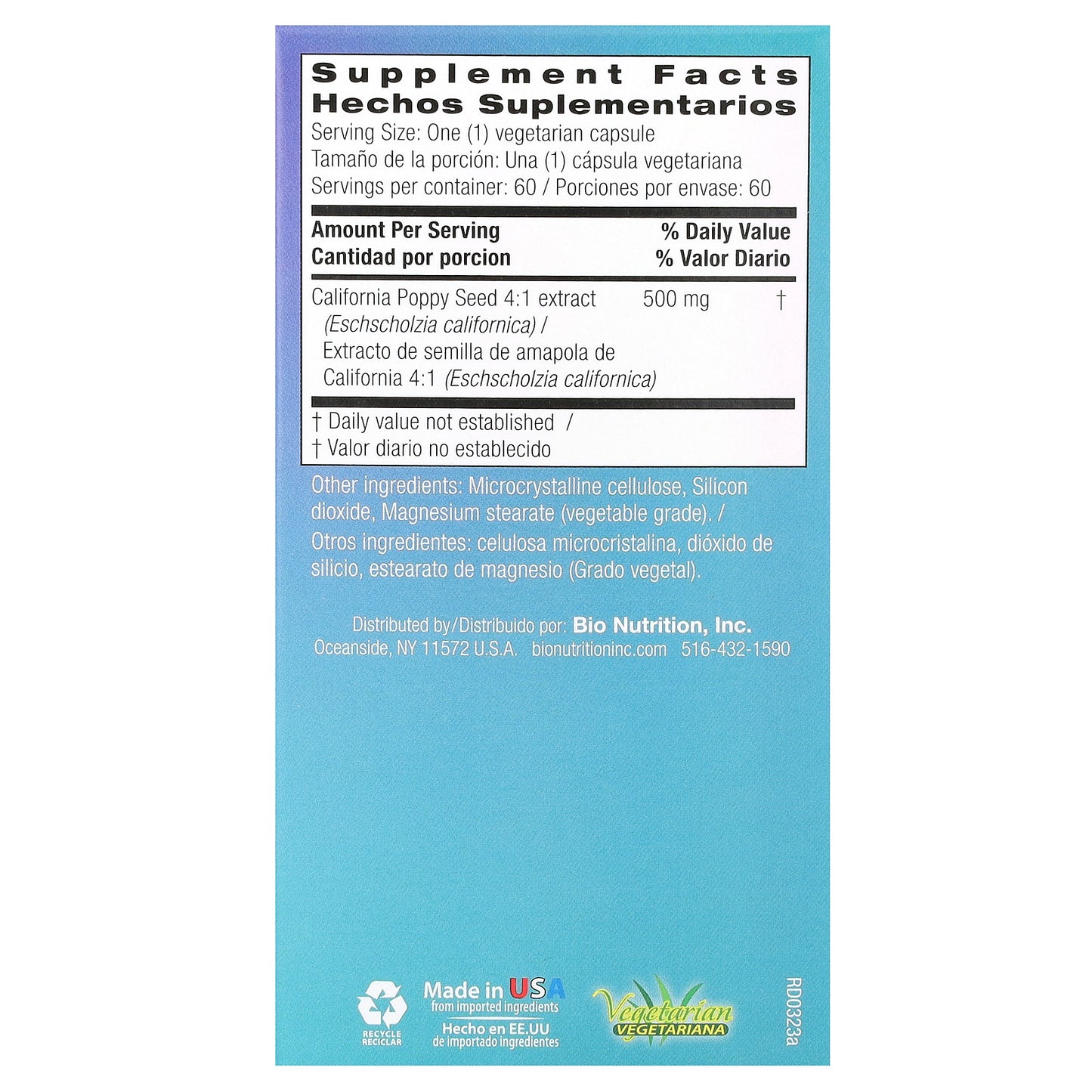 Bio Nutrition, California Poppy Seed, 500 mg , 60 Vegetarian Capsules