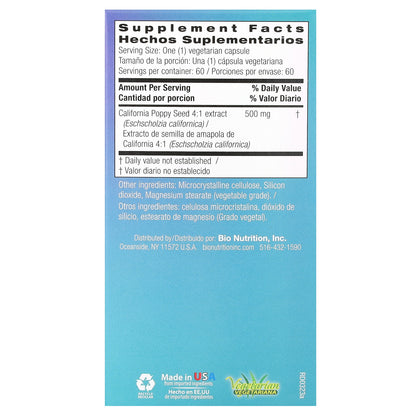 Bio Nutrition, California Poppy Seed, 500 mg , 60 Vegetarian Capsules