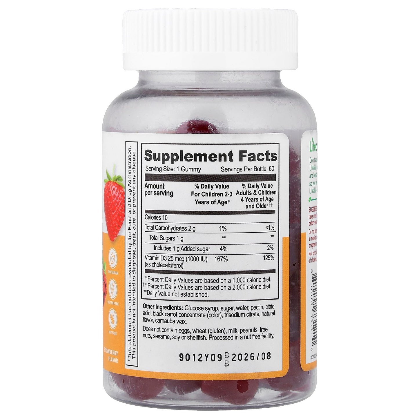 Lifeable, Kids Vitamin D3 Gummies, Strawberry, 25 mcg (1,000 IU), 60 Gummies