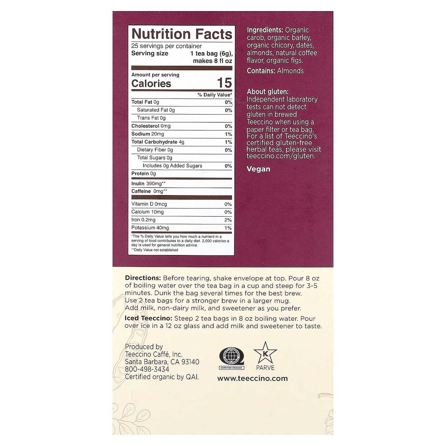 Teeccino, Roasted Herbal Tea, Java, Caffeine Free, 25 Tea Bags, 5.3 oz (150 g)