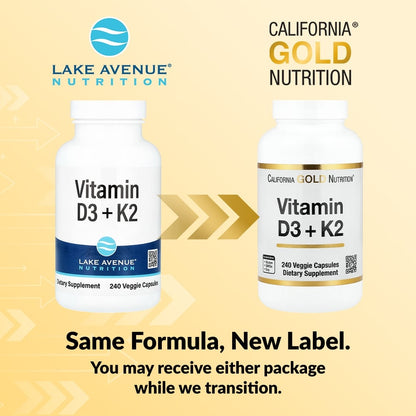 California Gold Nutrition, Vitamin D3 + K2, 240 Veggie Capsules