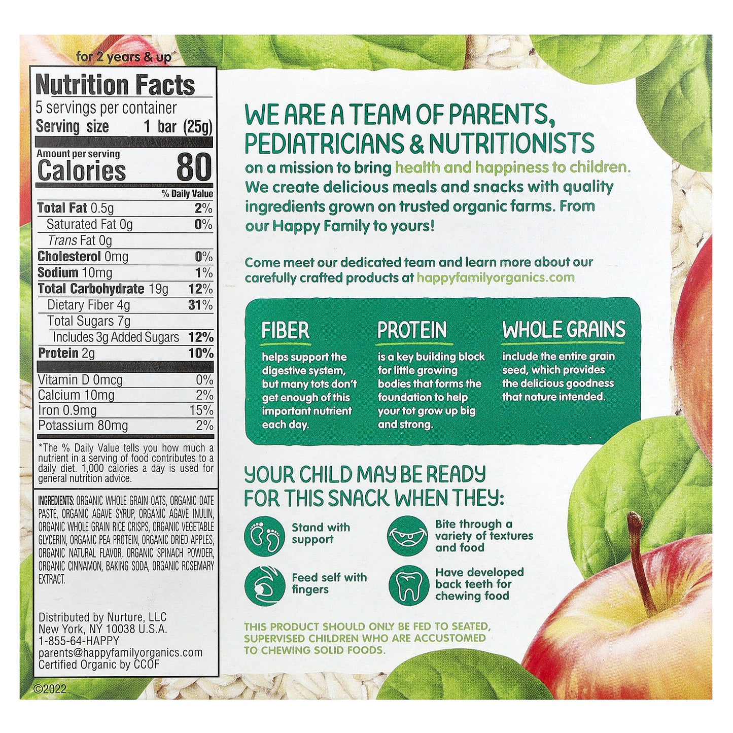 Happy Family Organics, Happy Tot®, Fiber & Protein Gluten Free Oat Bar, For 2 Years & Up, Organic Apples & Spinach, 5 Bars, 0.88 oz (25 g) Each