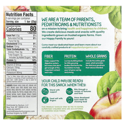 Happy Family Organics, Happy Tot®, Fiber & Protein Gluten Free Oat Bar, For 2 Years & Up, Organic Apples & Spinach, 5 Bars, 0.88 oz (25 g) Each
