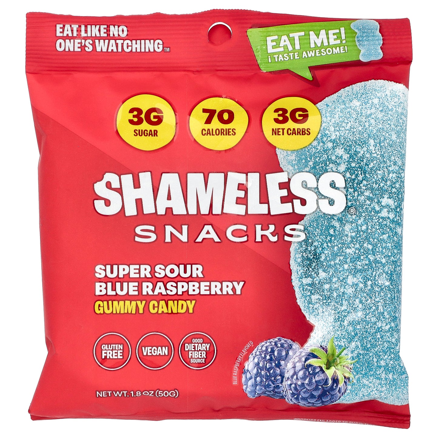 Shameless Snacks, Gummy Candy, Super Sour Blue Raspberry, 6 Bags, 1.8 oz (50 g) Each
