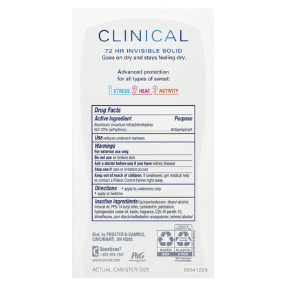 Secret, Clinical, 72 Hr Invisible Solid, Antiperspirant/Deodorant, Stress Response, 1.6 oz (45 g)