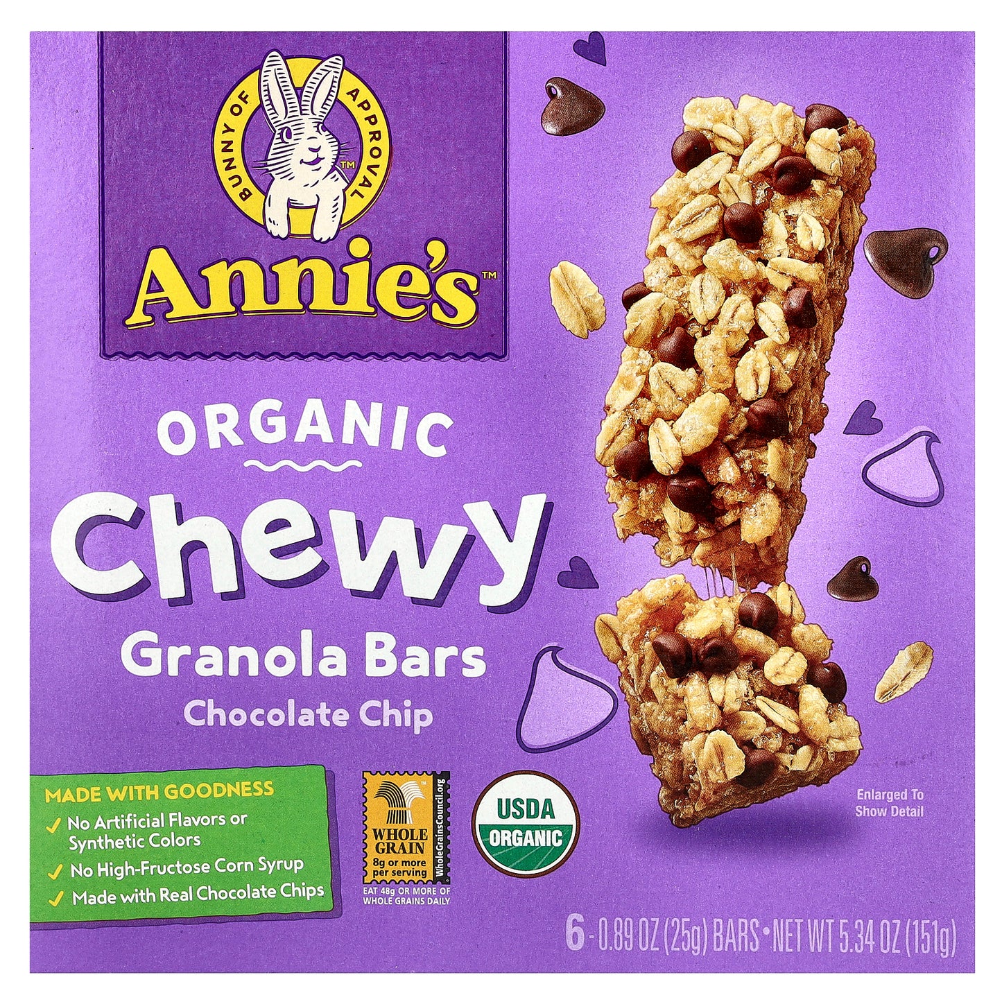 Annie's Homegrown, Organic Chewy Granola Bars, Chocolate Chip, 6 Bars, 0.89 oz (25 g) Each