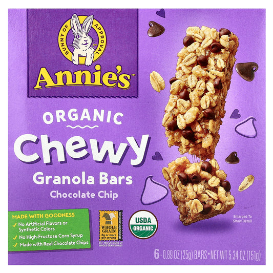 Annie's Homegrown, Organic Chewy Granola Bars, Chocolate Chip, 6 Bars, 0.89 oz (25 g) Each