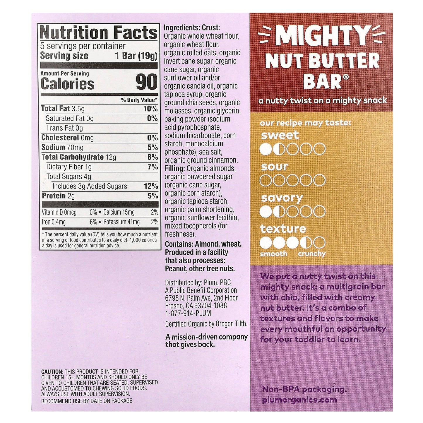 Plum Organics, Mighty Nut Butter Bar®, 15+ Months, Almond Butter, 5 Bars, 0.67 oz (19 g) Each