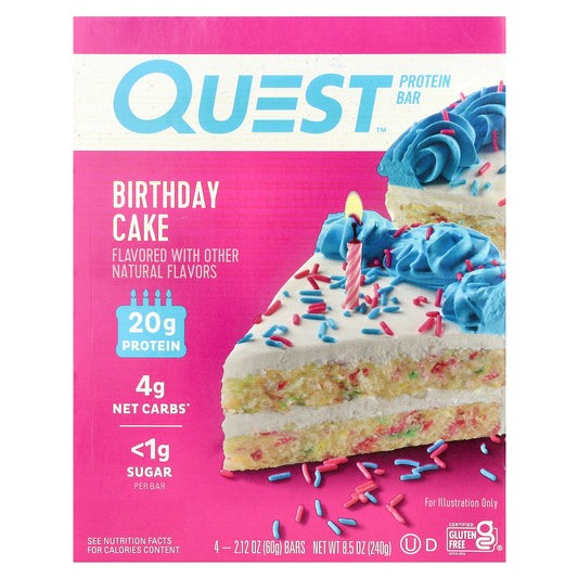 Quest Nutrition, Protein Bar, Birthday Cake, 4 Bars, 2.12 oz (60 g) Each