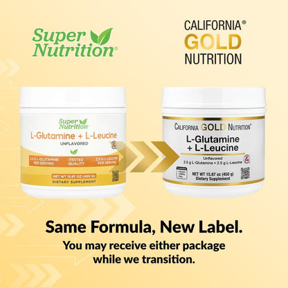 California Gold Nutrition, L-Glutamine + L-Leucine, Unflavored, 15.87 oz (450 g)
