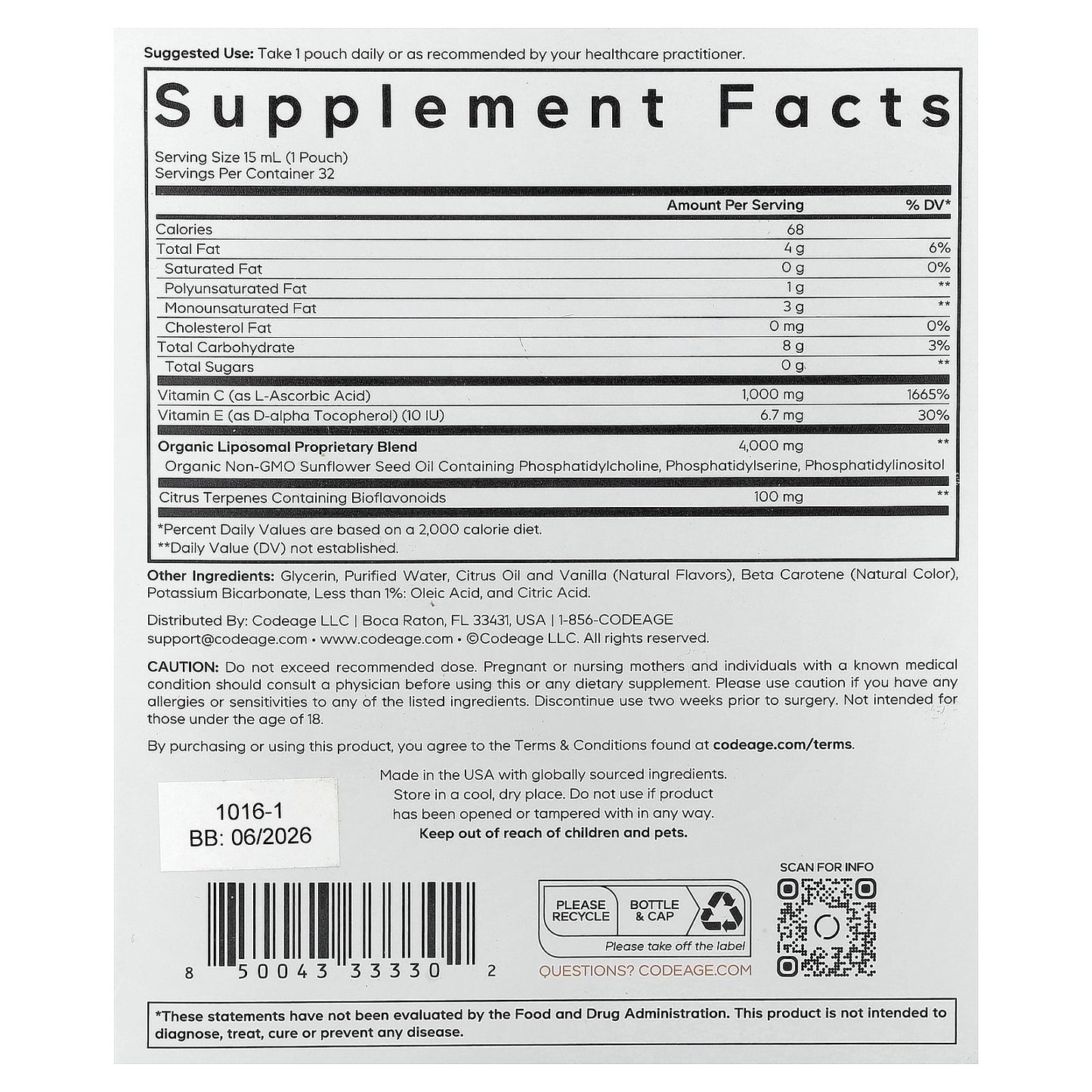 Codeage, Nanofood, Liposomal Vitamin C, Citrus Vanilla, 32 Pouches, 0.5 fl oz (15 ml) Each