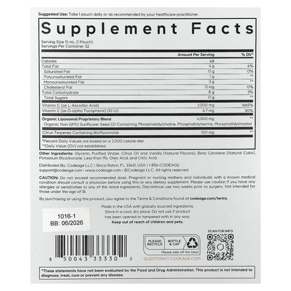 Codeage, Nanofood, Liposomal Vitamin C, Citrus Vanilla, 32 Pouches, 0.5 fl oz (15 ml) Each