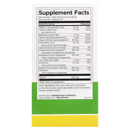 Swanson, Simply Hydrate, Electrolyte Hydration Mix, Lemon-Lime, 30 Stick Packs, 0.21 oz (5.92 g) Each