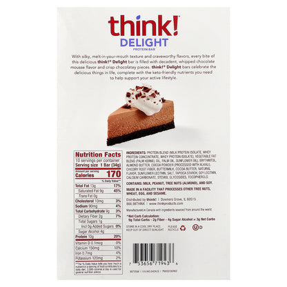 Think !, Delight Protein Bars, Chocolate Mousse Pie, 10 Bars, 1.2 oz (34 g) Each