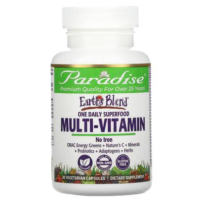 Paradise Herbs, Earth's Blend, One Daily Superfood Multi-Vitamin, No Iron, 30 Vegetarian Capsules