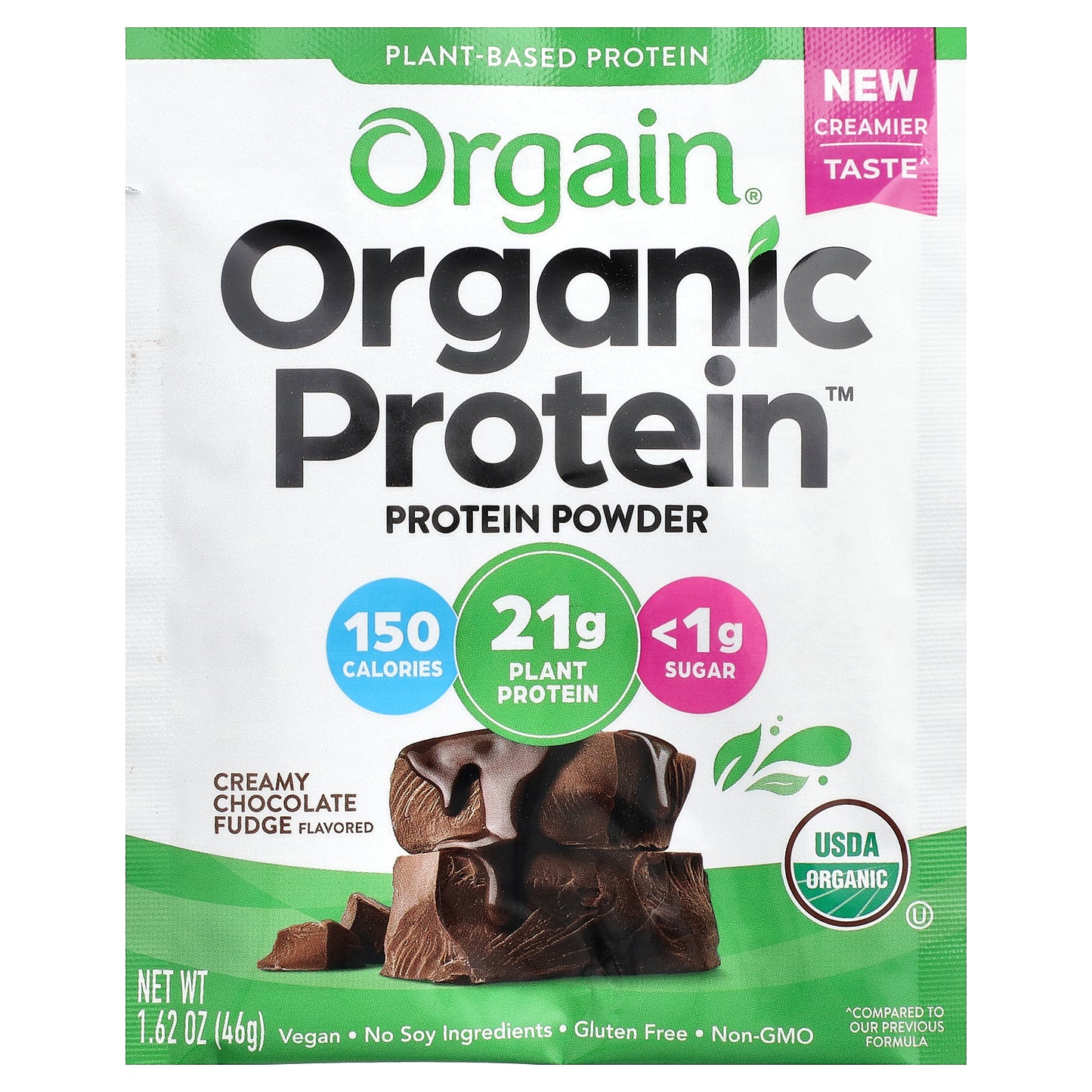 Orgain, Organic Protein™ Powder, Plant-Based, Creamy Chocolate Fudge, 10 Packets, 1.62 oz (46 g) Each