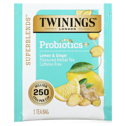 Twinings, Probiotics Plus Herbal Tea, Lemon & Ginger, Caffeine-Free, 18 Tea Bags, 0.95 oz (27 g)