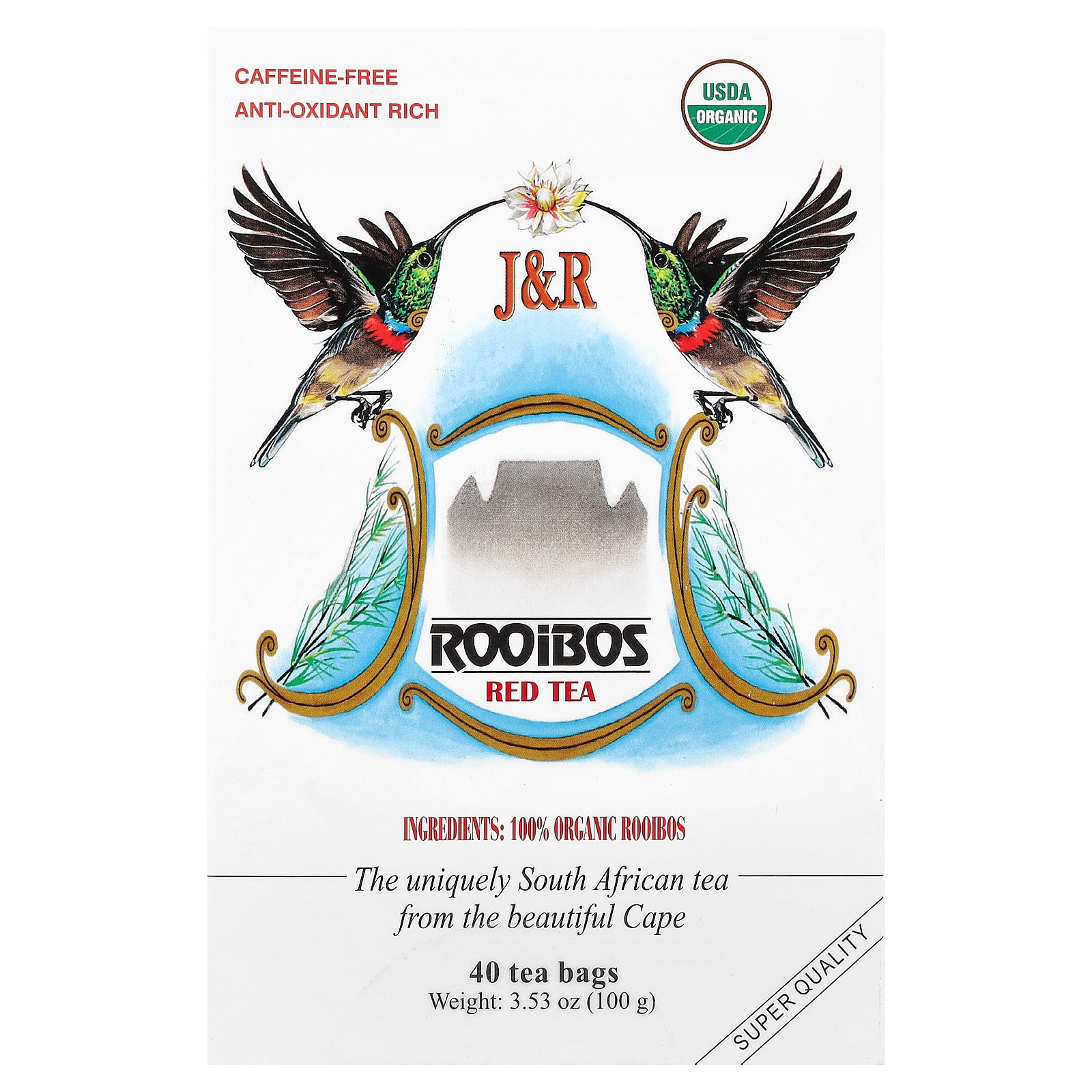J&R Port Trading, Rooibos Red Tea, Caffeine-Free, 40 Tea Bags, 3.53 oz (100 g)